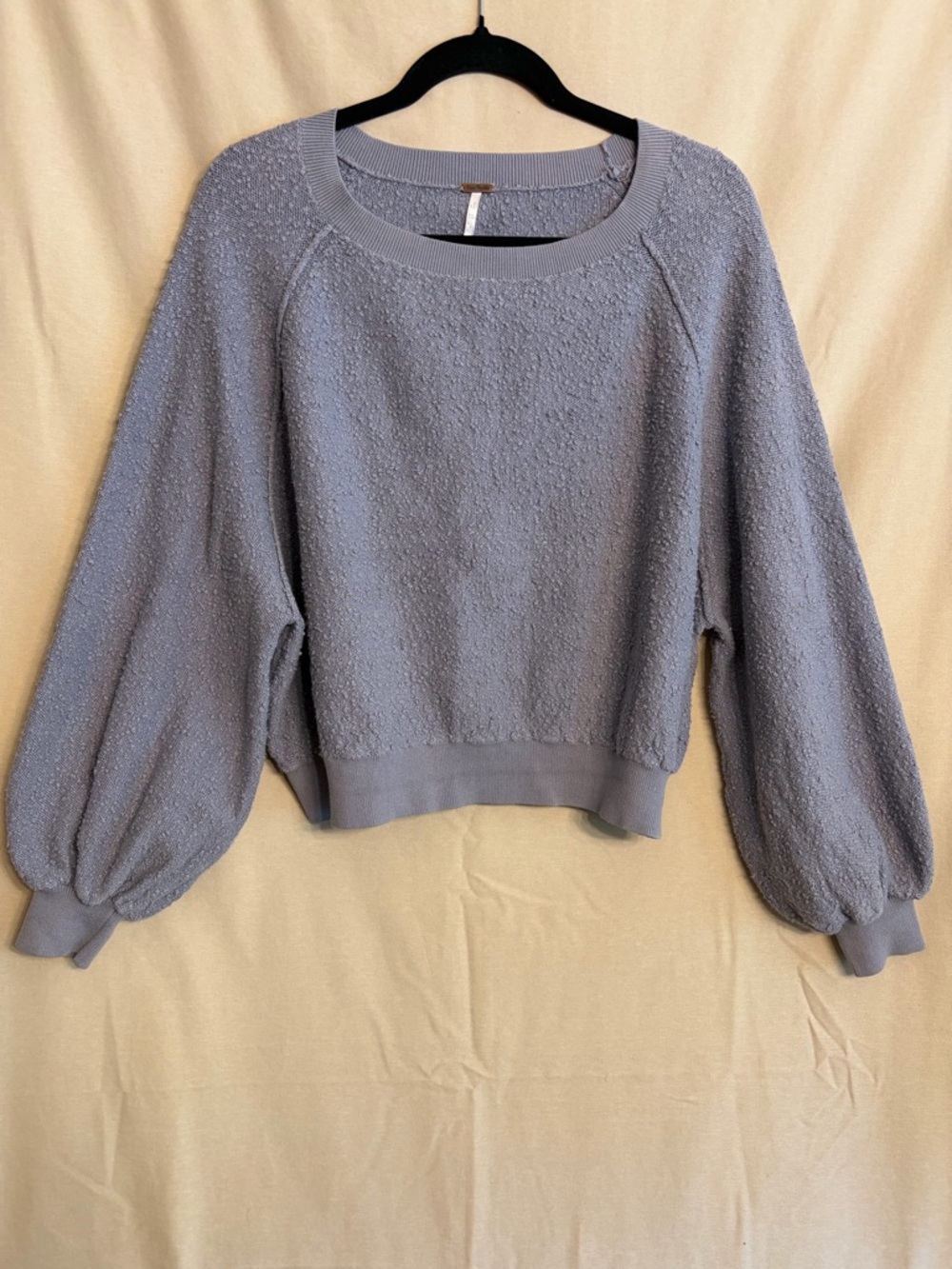 Free People Found My Friend Textured Blue Gray Bubble Sleeve Pullover Sweater